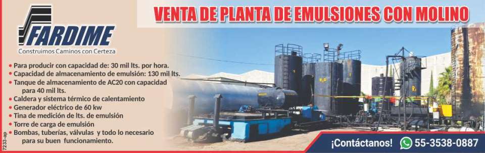Planta de Emulsiones con Molino; Para producir con capacidda de 30 mil lts por hora. Capacidad de almacenamiento de emulsion: 13 mil lts. Tanque de almacenamiento de AC20 con capacidad para 40 mil lts