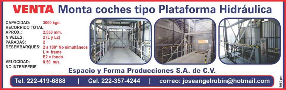 Venta de monta coches tipo plataforma hidraulica, capacidad 3,000 Kg.